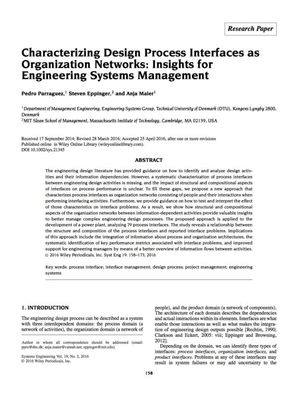 Characterizing Design Process Interfaces as Organization Networks: Insights for Engineering Systems Management
