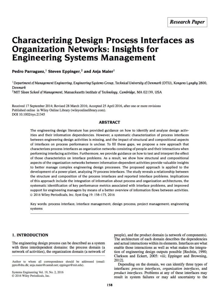 Characterizing Design Process Interfaces as Organization Networks: Insights for Engineering Systems Management
