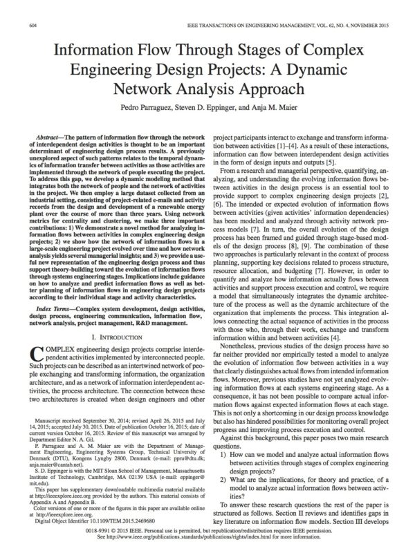 Information Flow Through Stages of Complex Engineering Design Projects: A Dynamic Network Analysis Approach