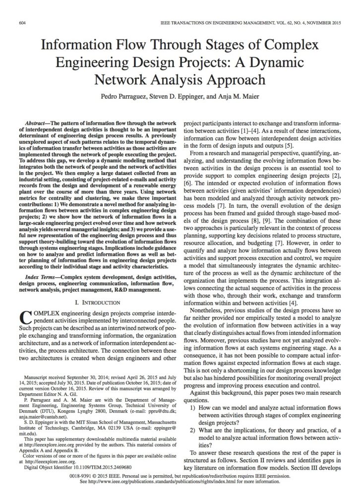 Information Flow Through Stages of Complex Engineering Design Projects: A Dynamic Network Analysis Approach